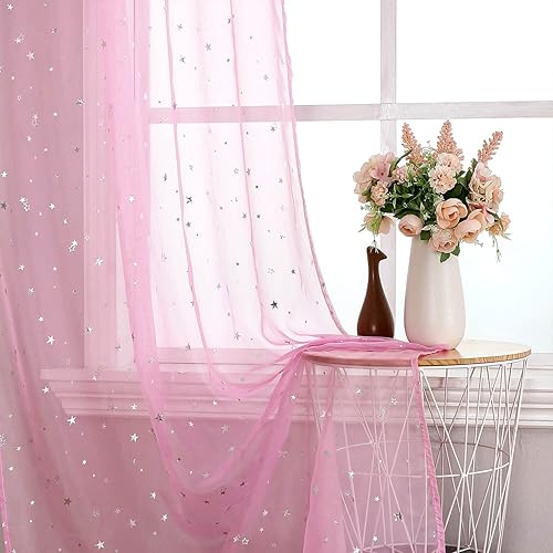 Miniatura 6 de WUBODTI 1 panel, cortinas traslúcidas con estrellas rosas para decoración de habitación del bebé, 39 x 79 pulgadas, 1 panel, bonito filtro de luz de