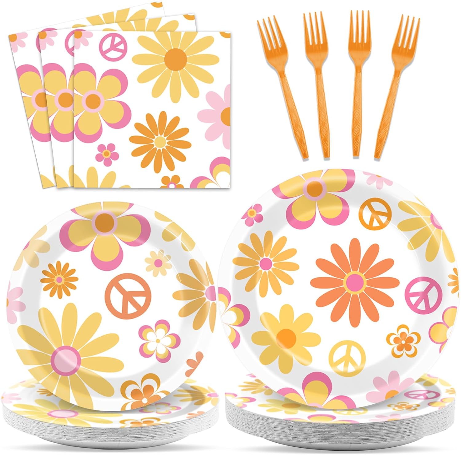 ZOIIWA 200 PCS Groovy Birthday Tableware Disposable Hippie Daisy Flower Plates Napkins Party Supplies 60s 70s Two Retro Boho Dinnerware Set Hippie Party Baby Shower Decoration Serve 50 guest