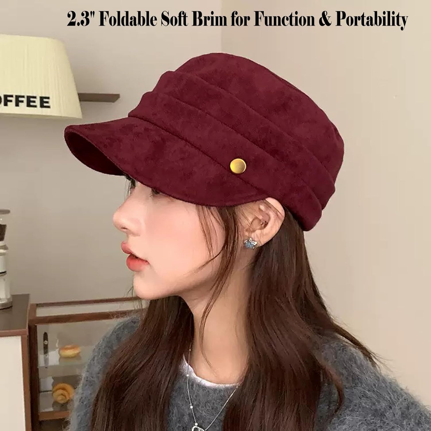 Women's Suede Flat Top Newsboy Cap - Soft Brim & Hook - and - Loop Adjustment - Fall Winter Cabbie Paperboy Hats - Image 9