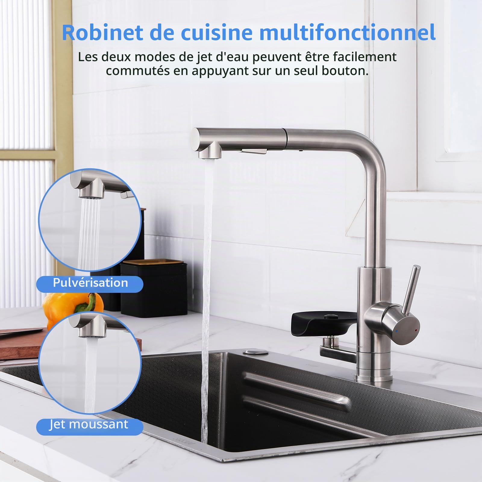 Robinet de Cuisine LakeBay Lave-Verres 360° Rotatif Extensible, Miscelateur Monomandrin Double Jet, Acier Inoxydable 304 Brossé