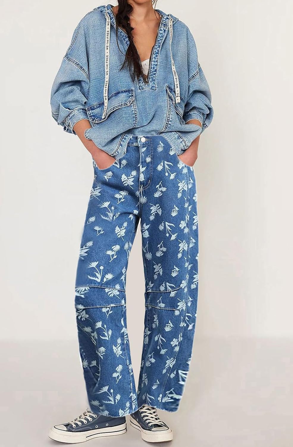 loveimgs Women Boyfriend Mid Rise Floral Print Jeans Denim Ankle Pants Y2k Flower Printed Straight Wide Leg Jeans Sweatpants