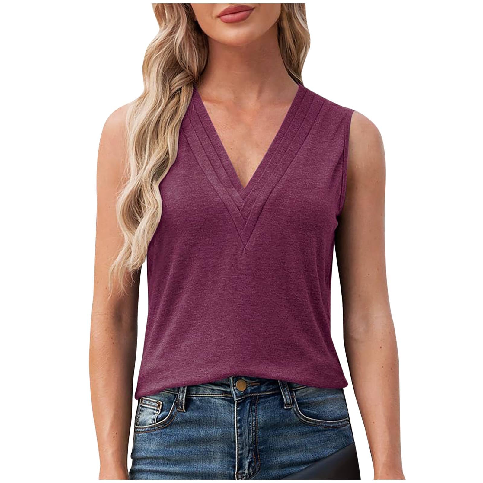Tank Top for Women Dressy Casual Deep V Neck Pleated Sleeveless Solid Blouse Slim Fit Sexy Elegant Basic