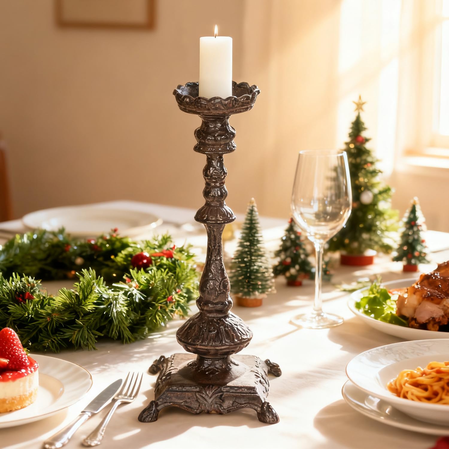 Sungmor Robuster Kerzenhalter aus Gusseisen, handgefertigt, Vintage-Kandelaber, 37 cm hoch, 1-Kopf-Kerzenhalter, dekorativer Stumpenkerzenständer für Weihnachten, Geburtstag, Hochzeit, Zuhause, Party