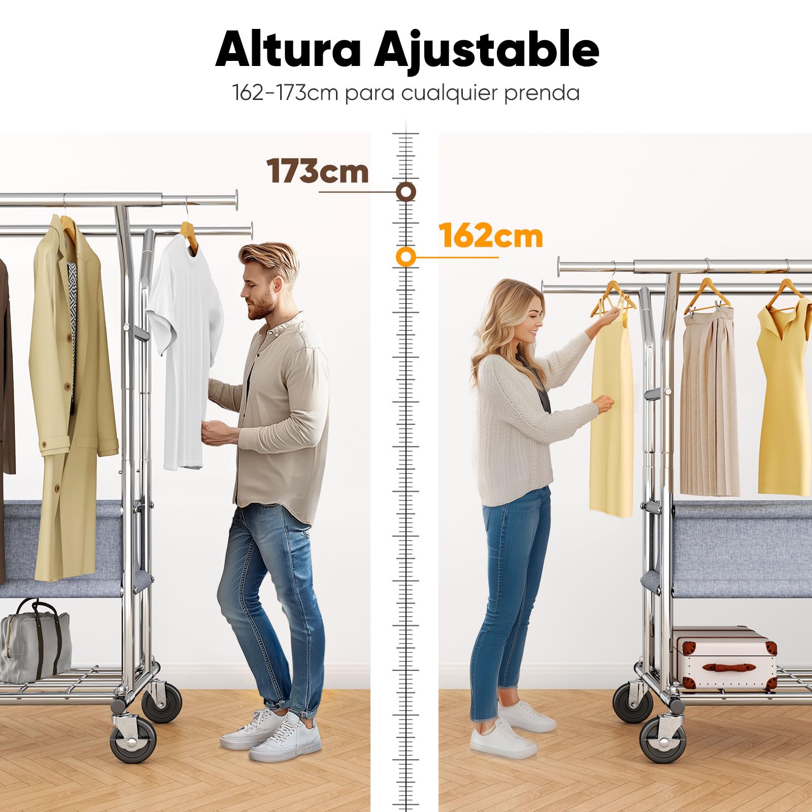 HOKEEPER Burro de Ropa Resistente de Doble Barra con Ruedas, 283kg, con Cesta de Tela y Estante, Extensible - Ideal para Dormitorio, Boutique | Perchero de pared con 4 ruedas, 2 bloqueos, fácil de montar, duradero