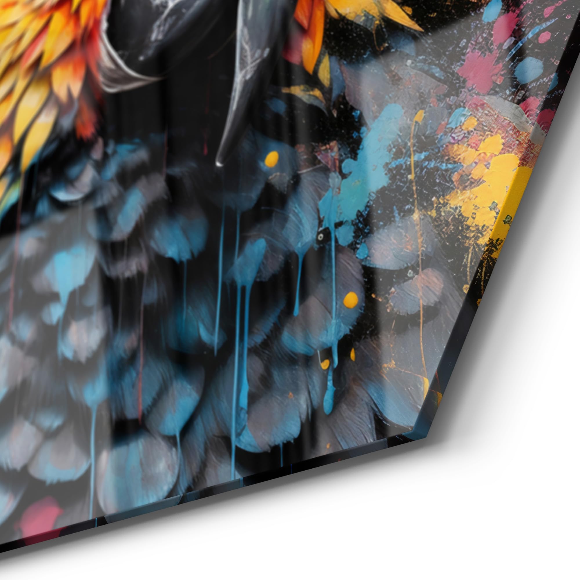 DEQOART Lavagna magnetica in vetro | esagonale 55 x 47,6 cm | motivo "gioco di colori pappagallo" | Lavagna magnetica con magneti, penna e panno per cucina e ufficio | Lavagna scrivibile