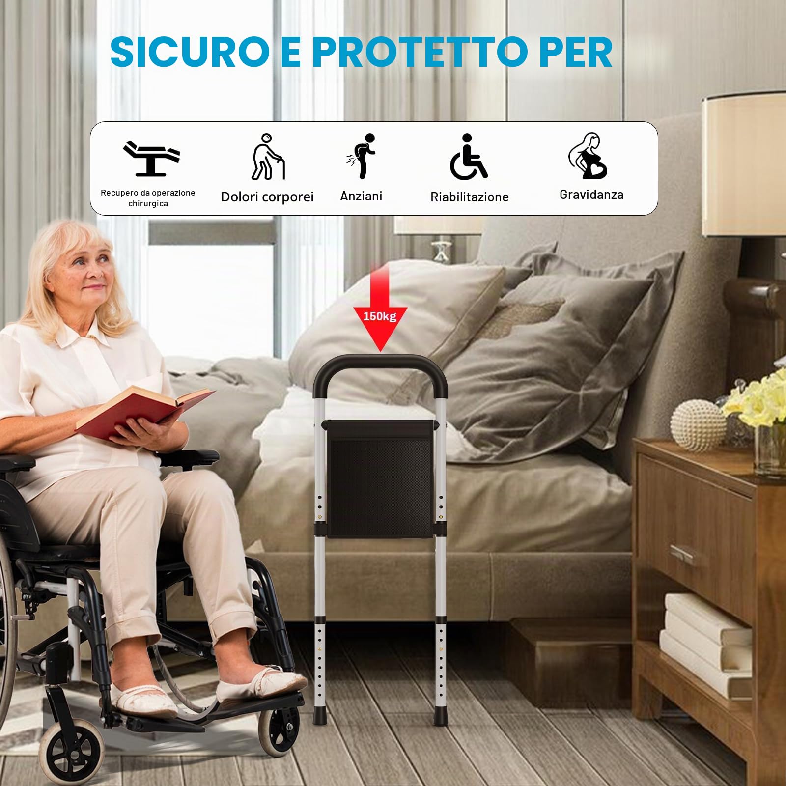 LIFERUN Barriera Letto, Barra da letto, Sponda Letto Anziani Anticaduta Regolabile in Altezza, per Anziani e Disabili, Stabile con Cinghia di Sicurezza, per Evitare Cadute Notturne (grande)