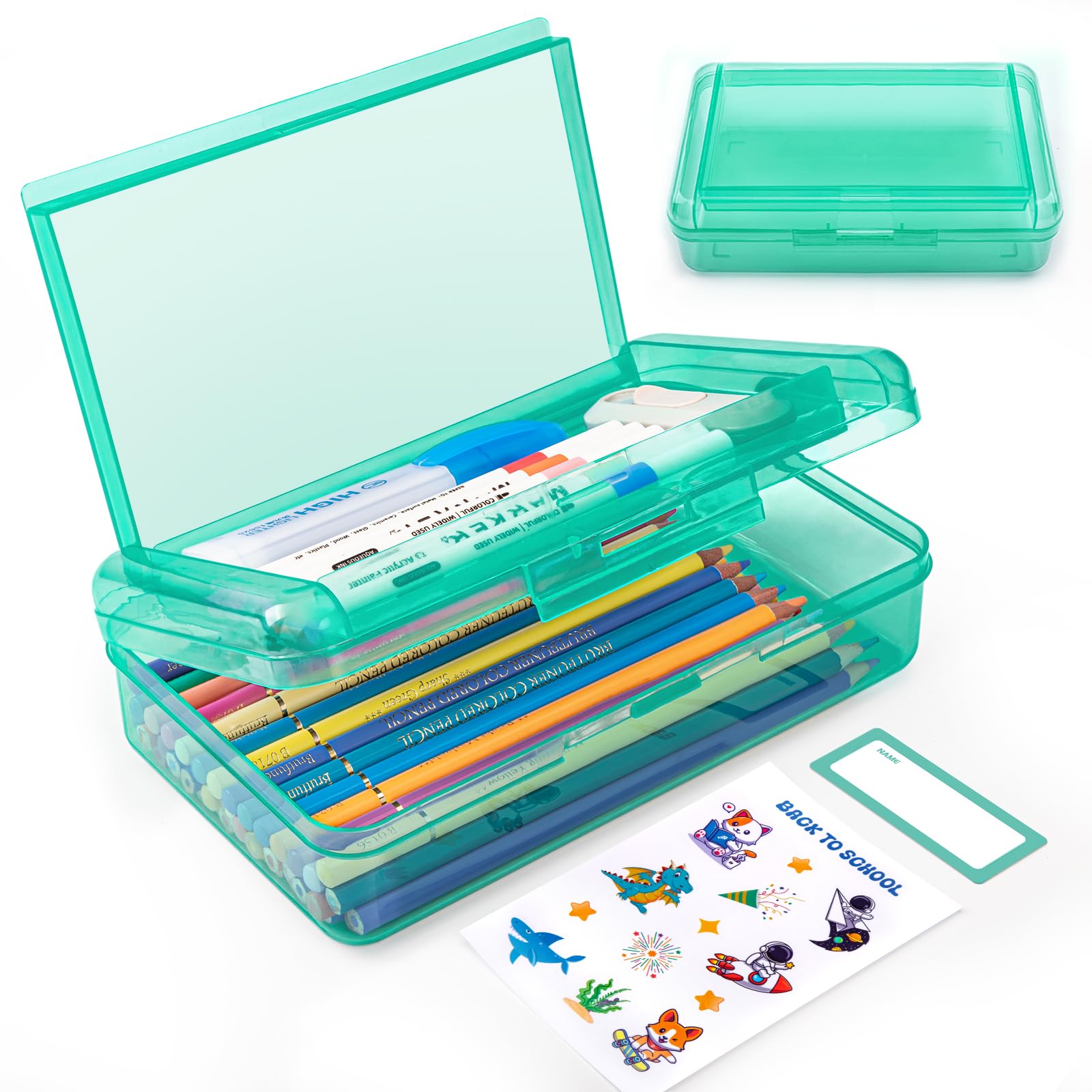 Double Layer Plastic Clear Hard Pencil Cases Box with Personalized sticker