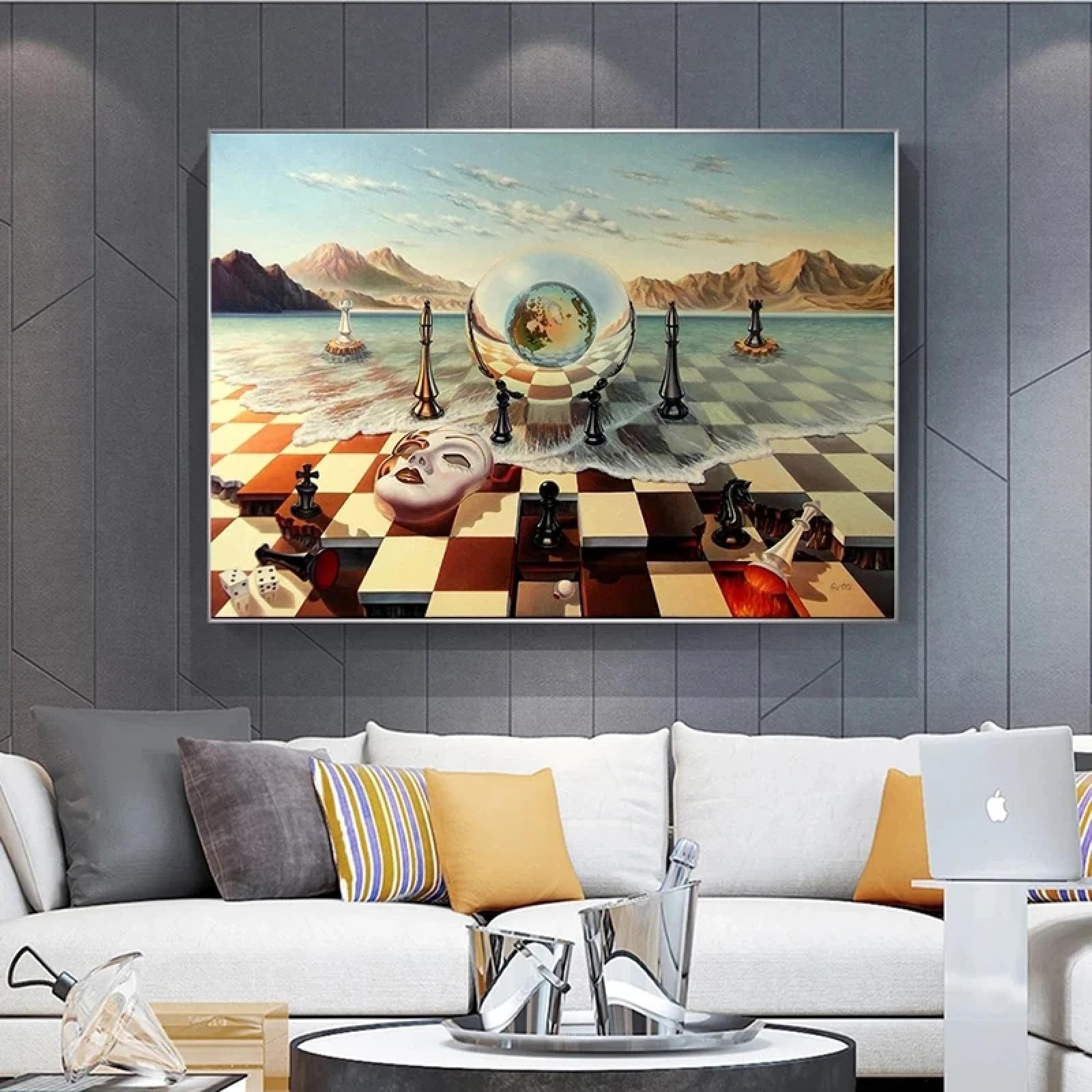 HOLEILUCK Salvador Dali Peinture sur toile abstraite bizarre surréalisme Masque d'échecs sur la mer Affiche et impressions Décoration de chambre esthétique 90 x 130 cm avec cadre noir