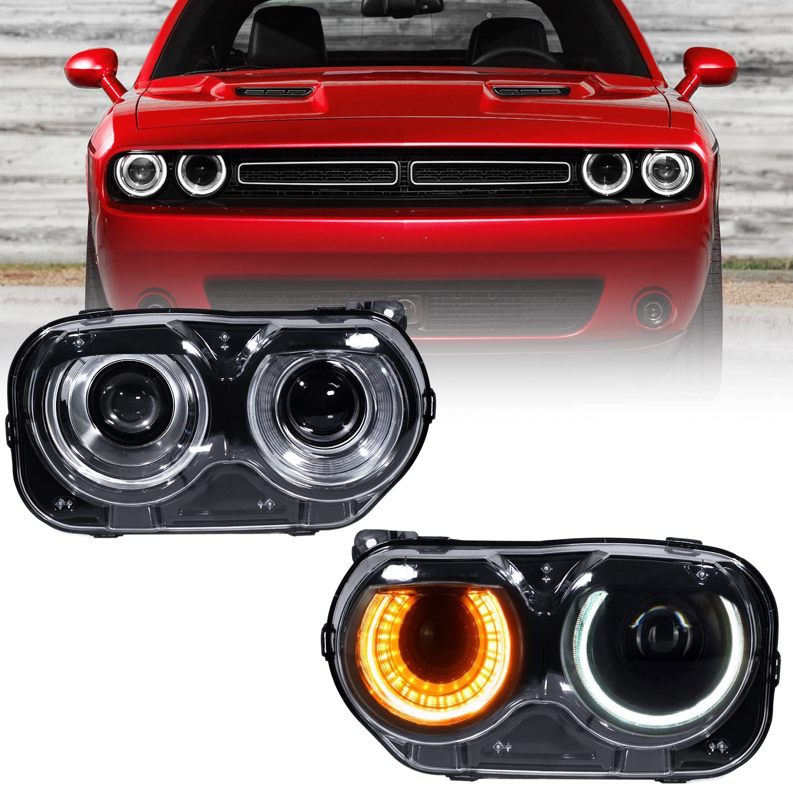 VLINCAR Halogen Model Headlights Assembly Compatible with Dodge Challenger 2015-2020 Headlamps with Black Housing Replacement Driver Left LH & Passenger Right Side RH