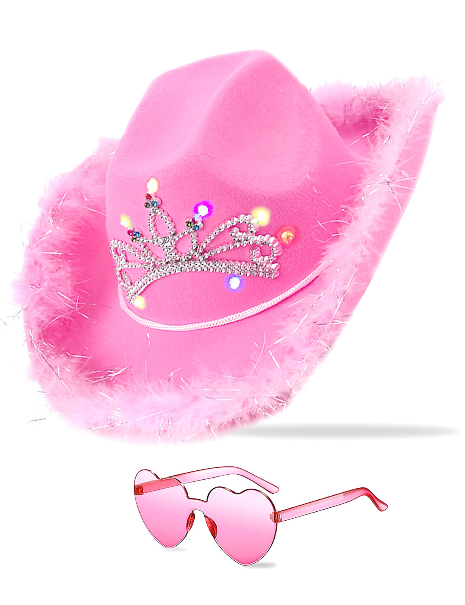 JICASTO Cowboy Hat Pink Cowgirl Hat with Sequins & Tiara Crown for women Rodeo Party Hats with Heart Glasses