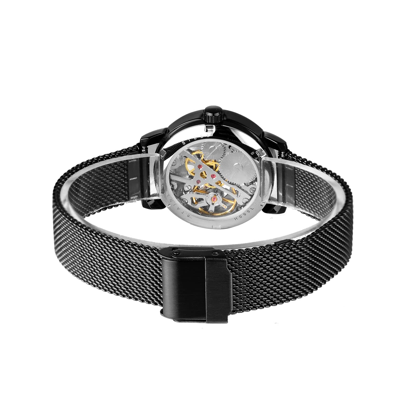 Gosasa Orologio da polso da donna con scheletro, alla moda, meccanico, a carica manuale, cinturino in rete, numeri romani, casual, orologio da polso