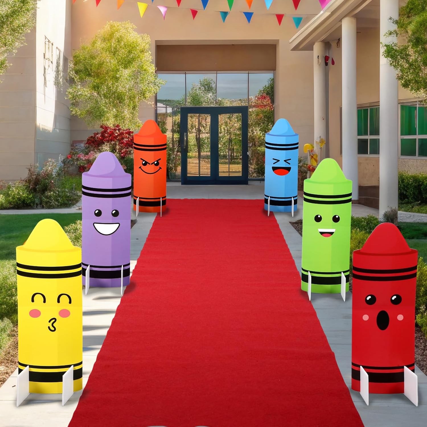 Capoda 6 Pcs Crayon Yard Sign Decorations with Stands and Red Runway Carpet Crayon Party Decorations Back to School Lawn Sign for Party Entrance First Day of School Graduation Backdrop Photo Prop