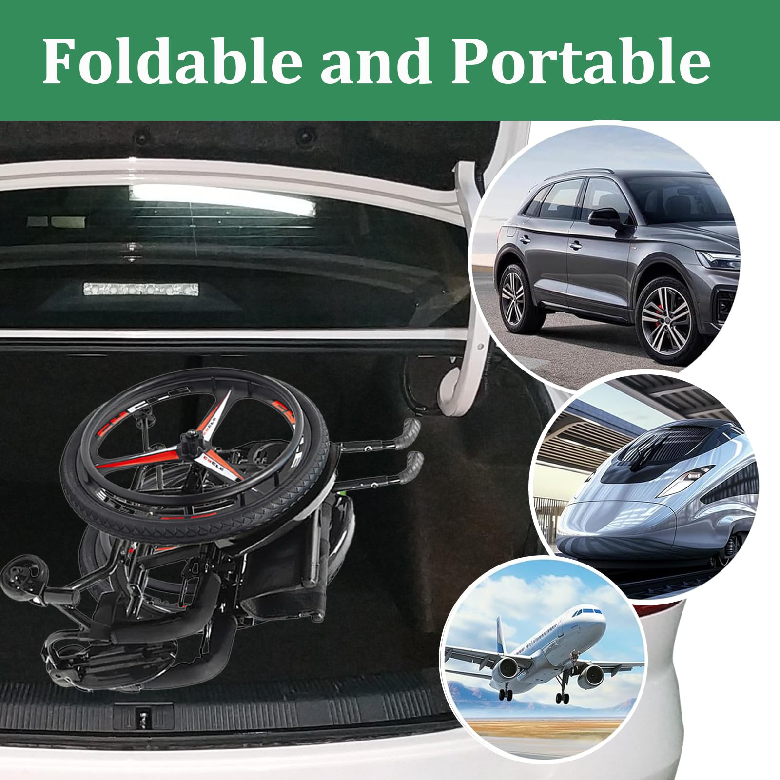 Carrozzina Pieghevole in Alluminio, Autospinta, Ruote antiribaltamento, Freni a Mano, per disabili, Sedia a rotelle Super-Leggera da transito(14.9in Seat Width,Sports Style)