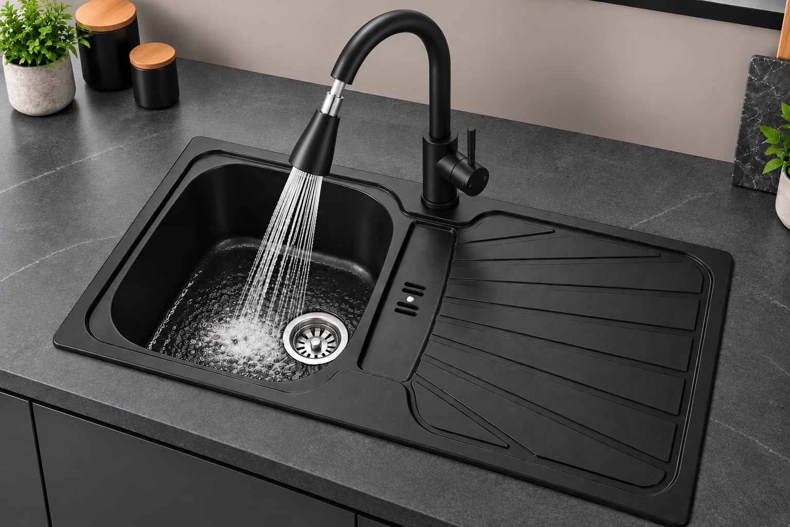 Liquida CMP5BL 1.0 Bowl Black Kitchen Sink with KPO11MB Black Pull Out Tap