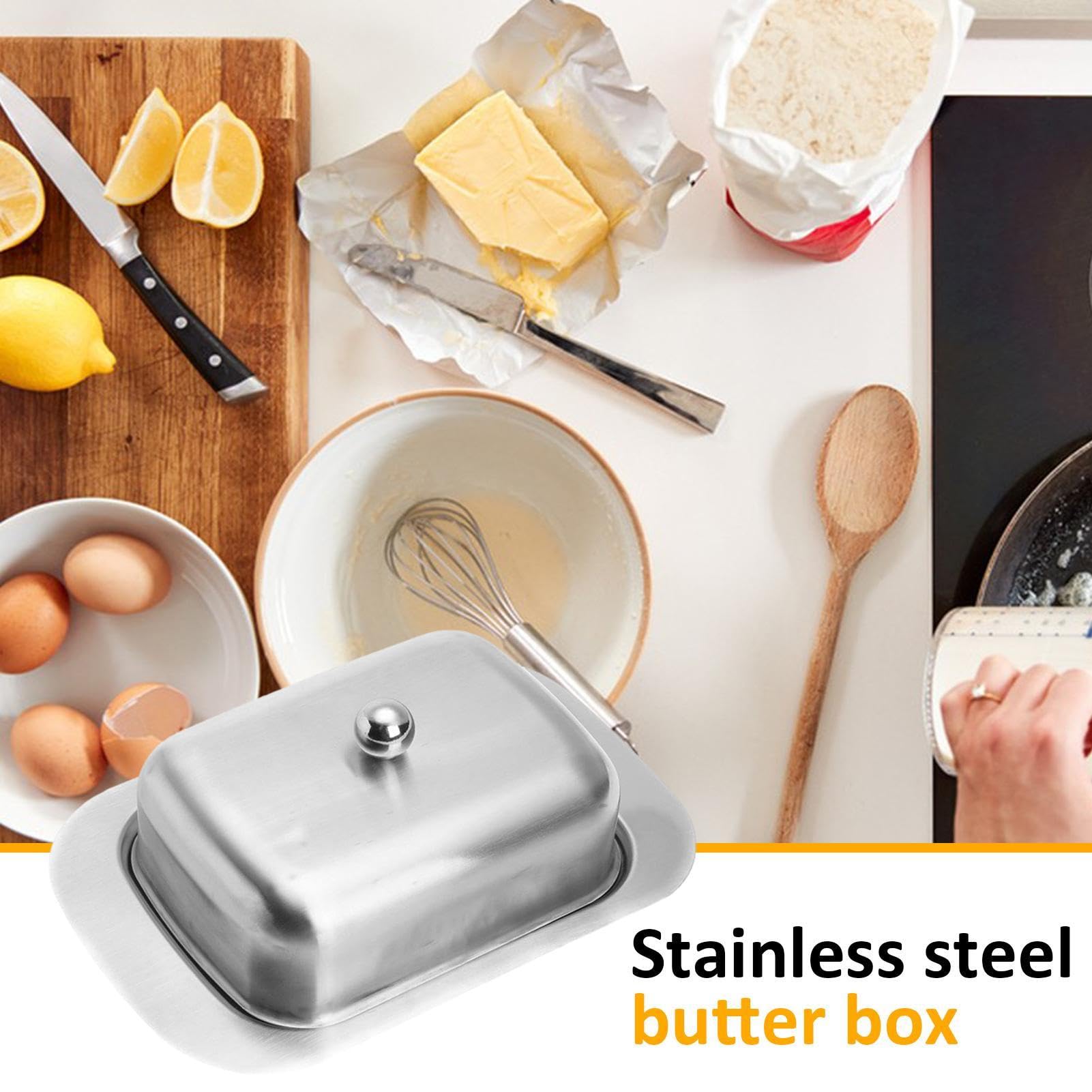 Stainless Steel Butter Dish - Butter Box for Snacks, Cheese, Bread, and Pastry | Non-Slip Butter Holder, Kitchen Butter Keeper Tray, Airtight Butter Container for Countertop and Refrigerator