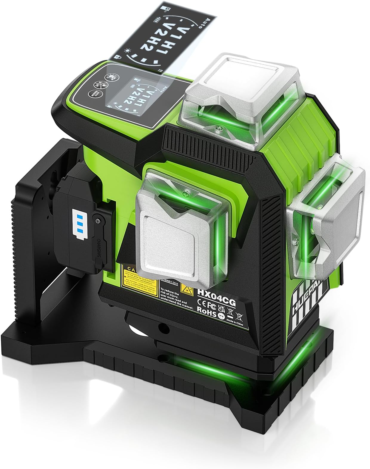 Huepar Laser Level 360 Self Leveling, 1/13 High Accuracy, 4D Green Laser Line Level with LCD Screen & Pulse Mode & Adjust Laser Brightness 4x360 Cross Line Laser -Magnetic Base, Hard Carry Case HX04CG