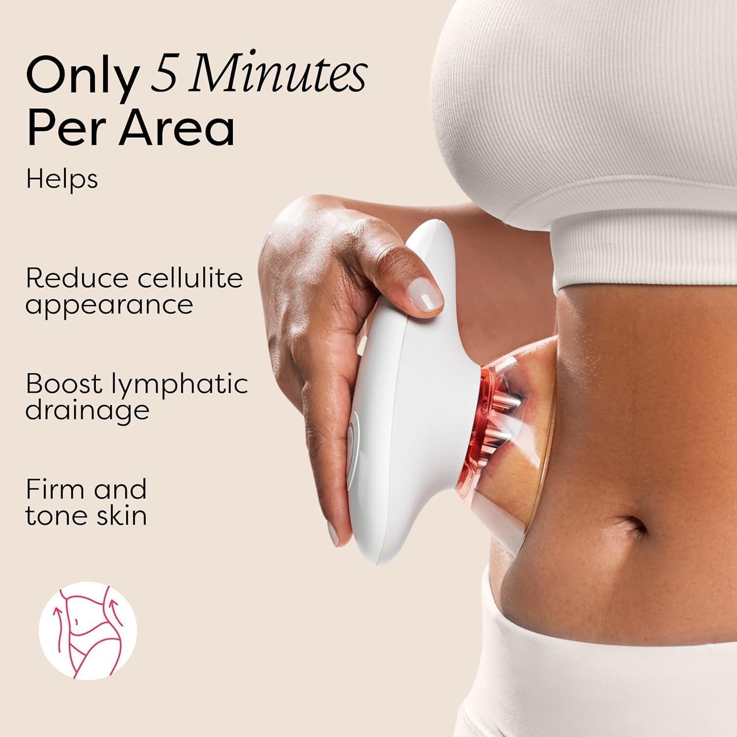 User applying Redu Sculpt device to abdomen, with text indicating 5 minutes per area