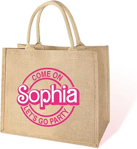 Miniatura 1 de callie Bolsa de mano personalizada para niñas y mujeres, reutilizable, para viajes, compras, playa, yute, rosa, con nombre, novia, dama de honor,