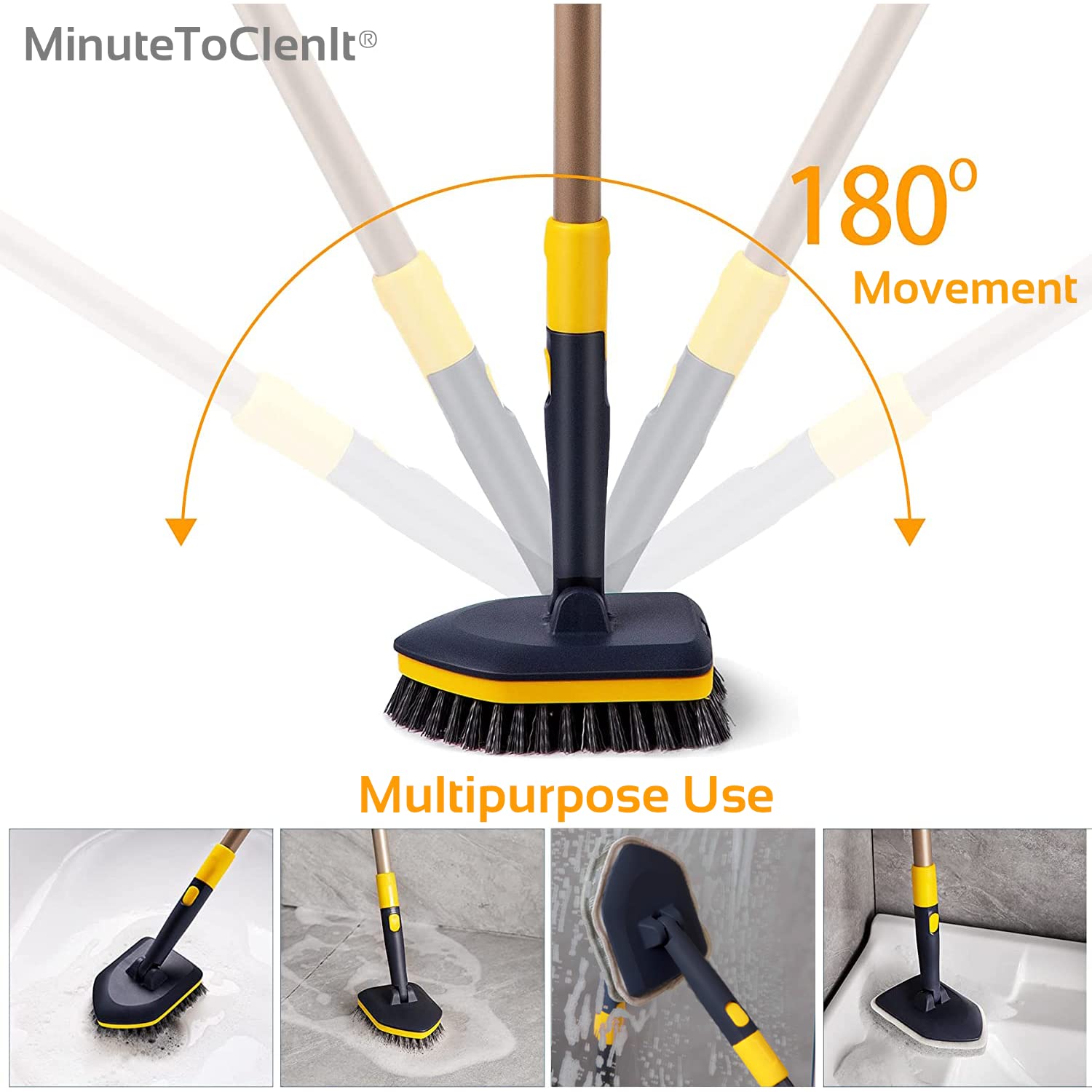 MinuteToCleanIt Bathroom Floor Cleaning Brush and Scrubber Combo 180 Degree Movement, with Extendable & Detachable Handle for Multipurpose Cleaning Like Toilet Kitchen Bathroom, Yellow