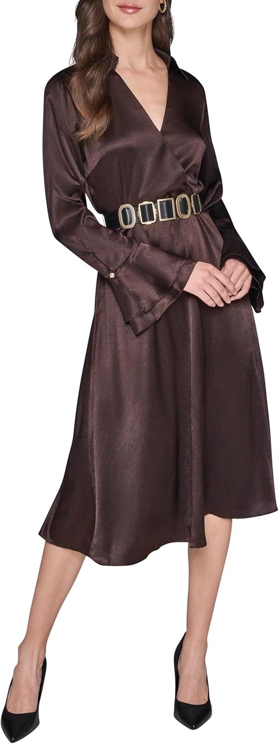 Karl Lagerfeld Womens Long Sleeve Crinkle Poly Satin Novelty Belt Midi Shirt Dress - Image 2