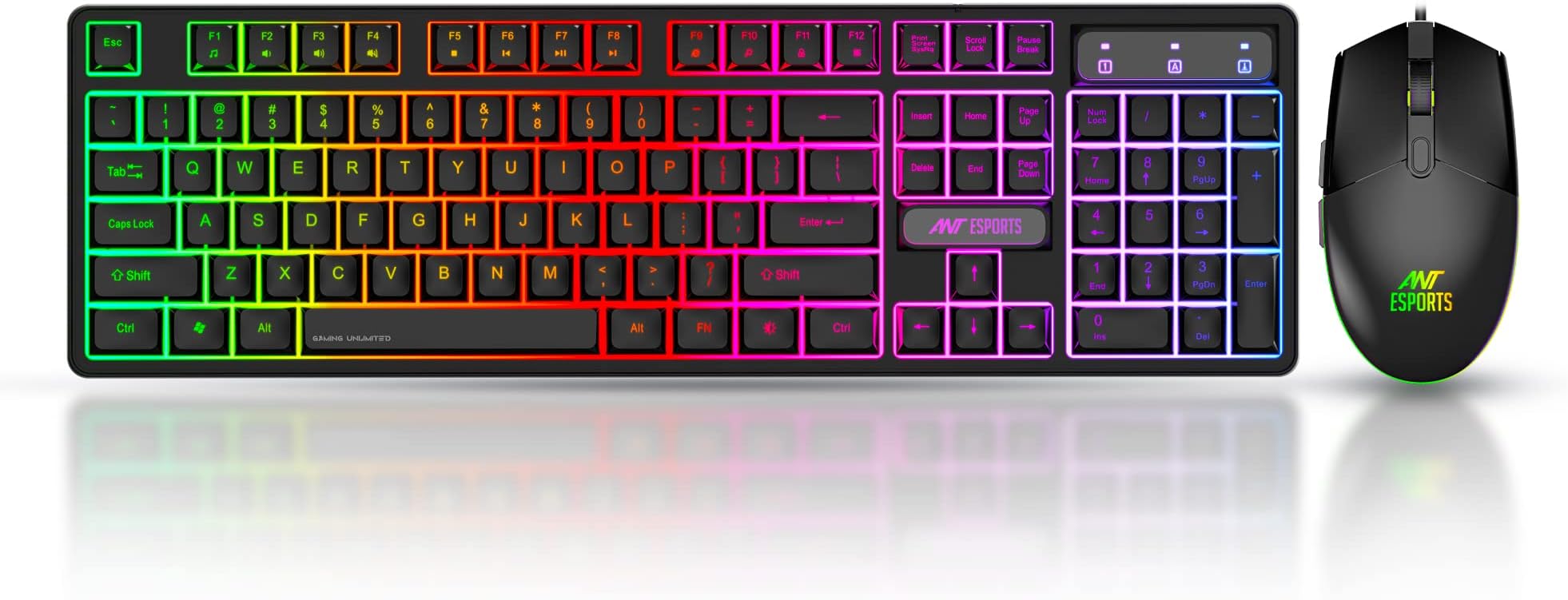 KM1600 Gaming Keyboard & Mouse Combo, Wired Backlit Rainbow LED Keyboard & 3200 DPI Gaming Mouse for PC/Laptop - Black