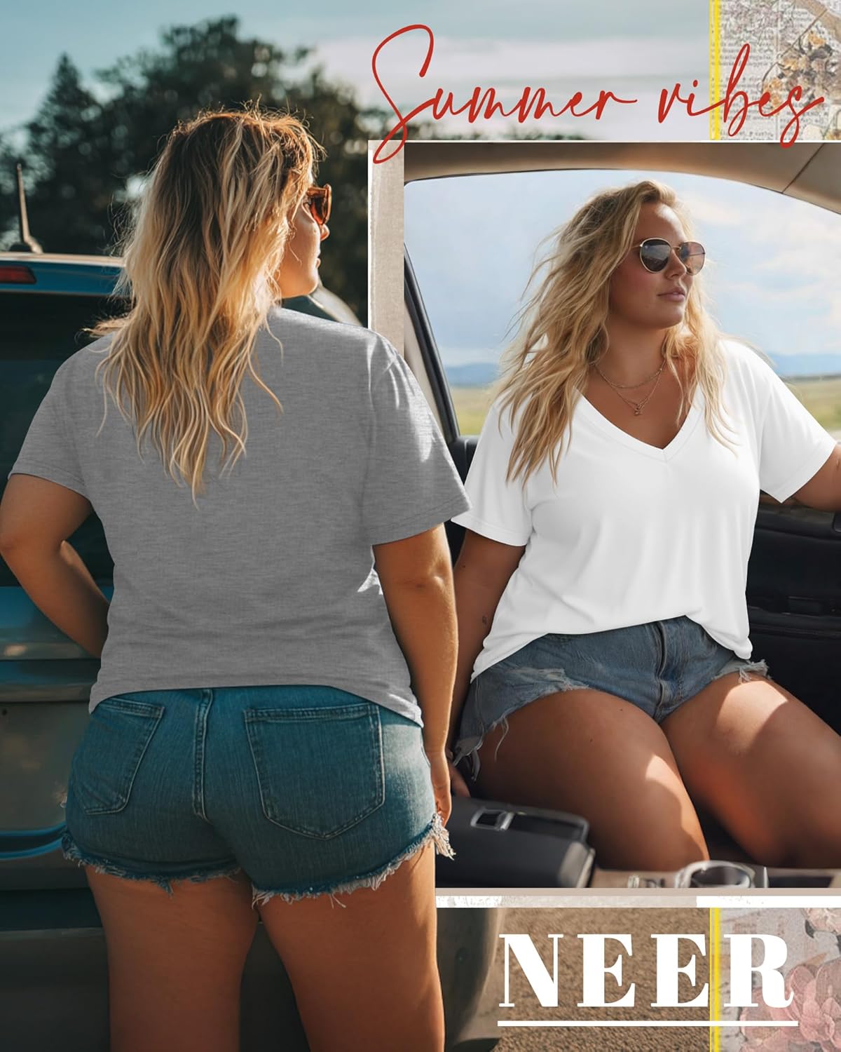 Neer 3 Pack Women's Plus Size T Shirts Short Sleeve V Neck Tops Solid Flat Hem Basic Loose Causal Tees