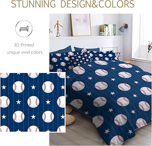 Miniatura 5 de BlessLiving - Juego de edredón de tamaño individual en una bolsa, diseño de béisbol en color azul marino para niños y adolescentes, juego de edredón