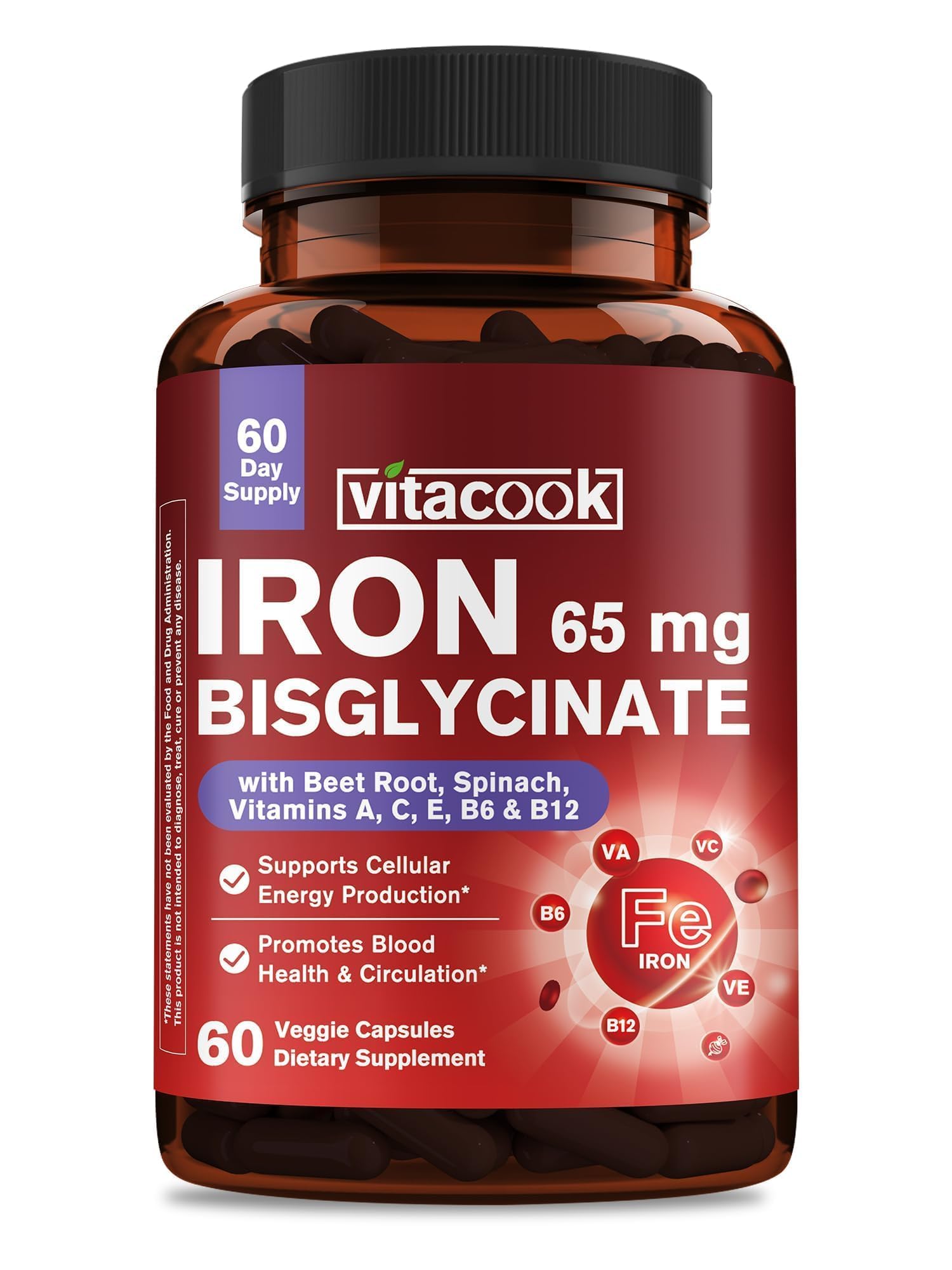 Iron Supplement for Women & Men, 65mg Ferrous Bisglycinate Chelate 60 Caps 60 Count (Pack of 1)