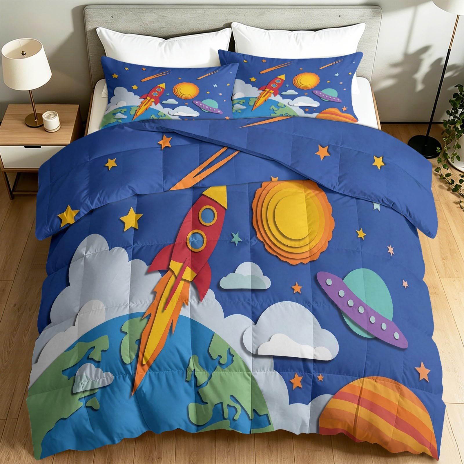 Duvet Luxury Quilted Kids Cartoon Space Rocket and Planets Bedspread 200 x 200 cm Throw 3 Piece Bedding Set Includes Comforter & 2 Pillow Shams Kids Outer SpaceNavy Blue