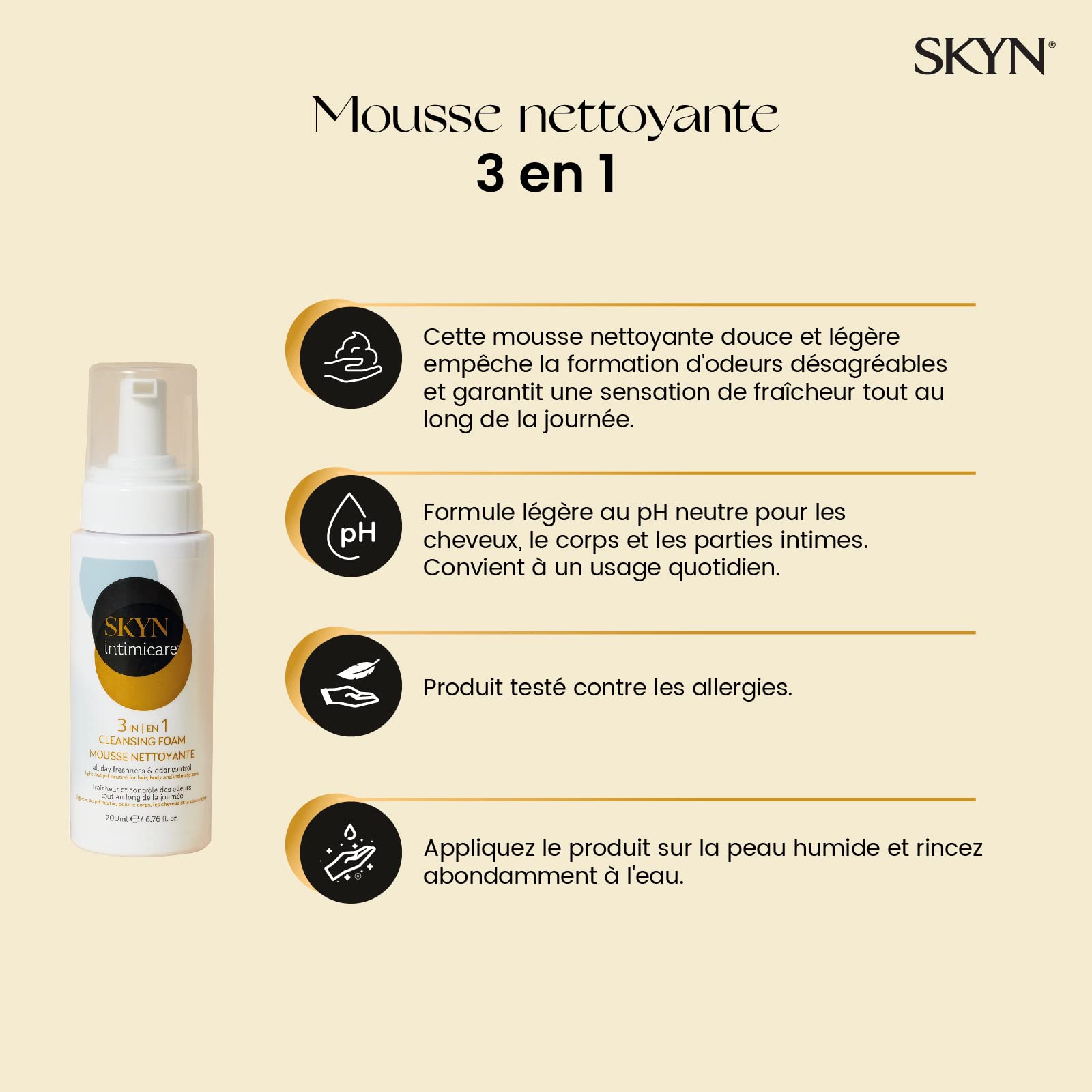 SKYN Intimicare: Pianka oczyszczająca intymna 3 w 1 (200 mL) dla mężczyzn i kobiet do włosów, ciała i okolic intymnych/nawilżenia, kontrola zapachu, pH zrównoważone. Testowana dermatologicznie