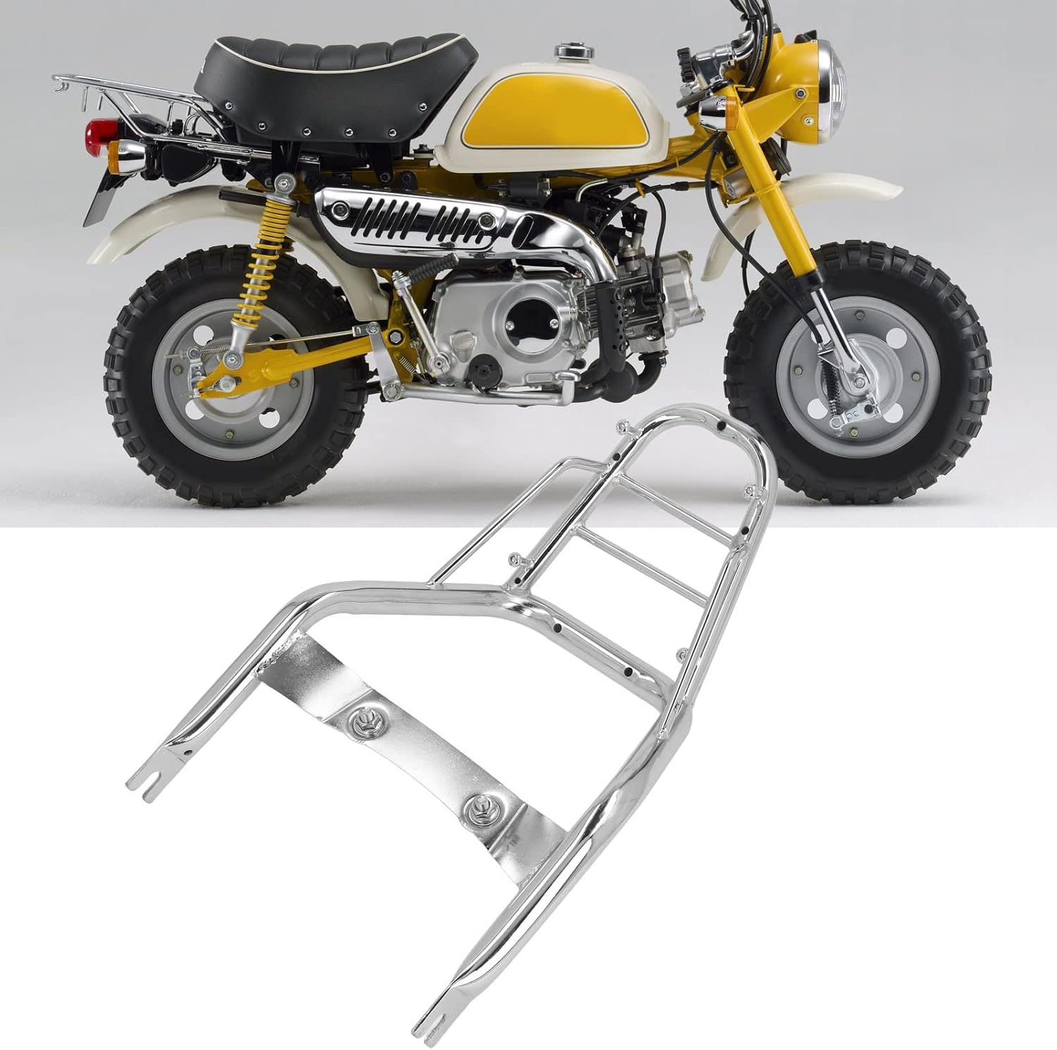 Yellow Monkey 125 motorcycle with Focket rear luggage rack in foreground