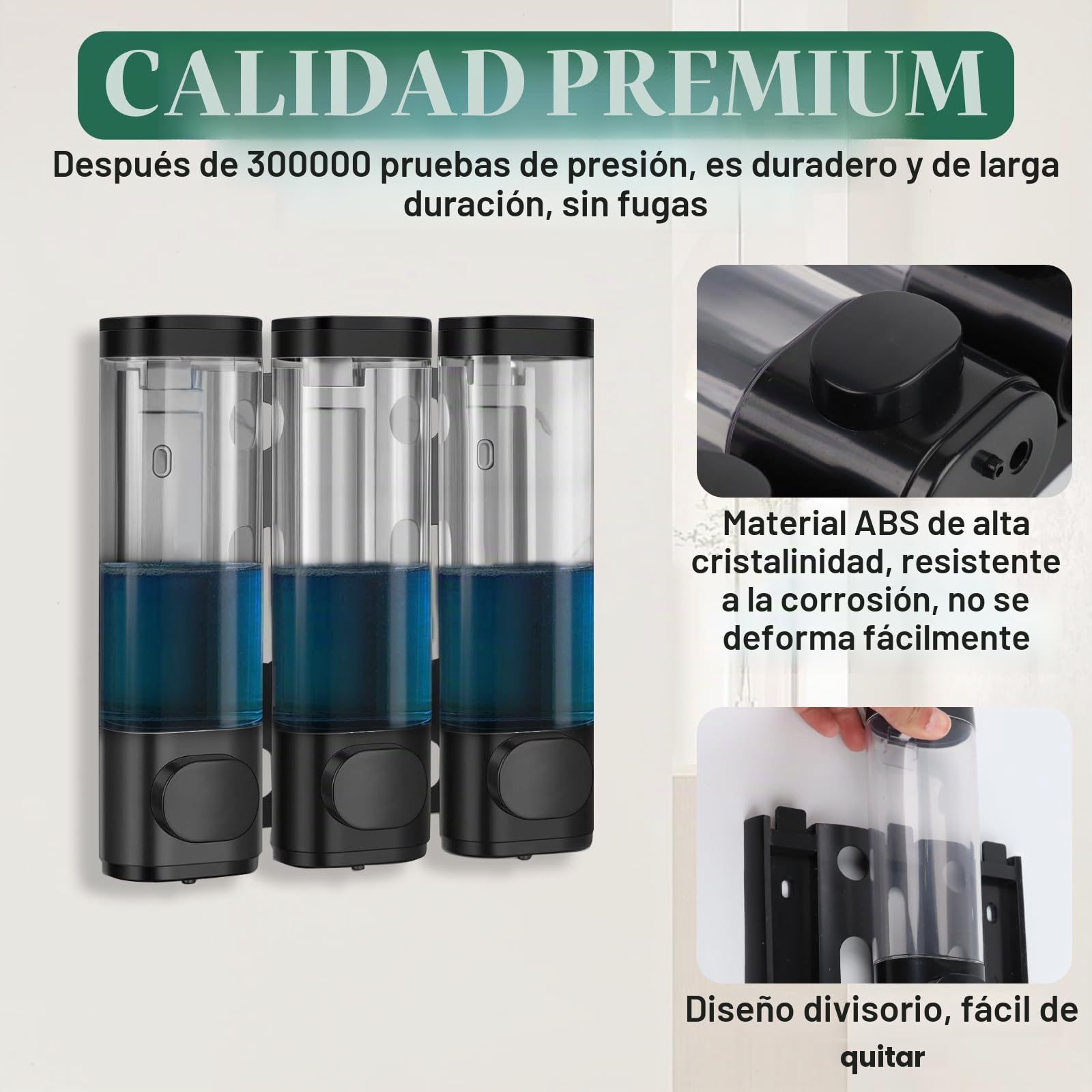Dispensador De JabóN De Pared - 3 X 300 Ml Dosificador De JabóN LíQuido para FijacióN En Pared, Negro Resistencia A La CorrosióN Dispensador Adhesivo De Pared para Casa, Hotel, BañO, Ducha