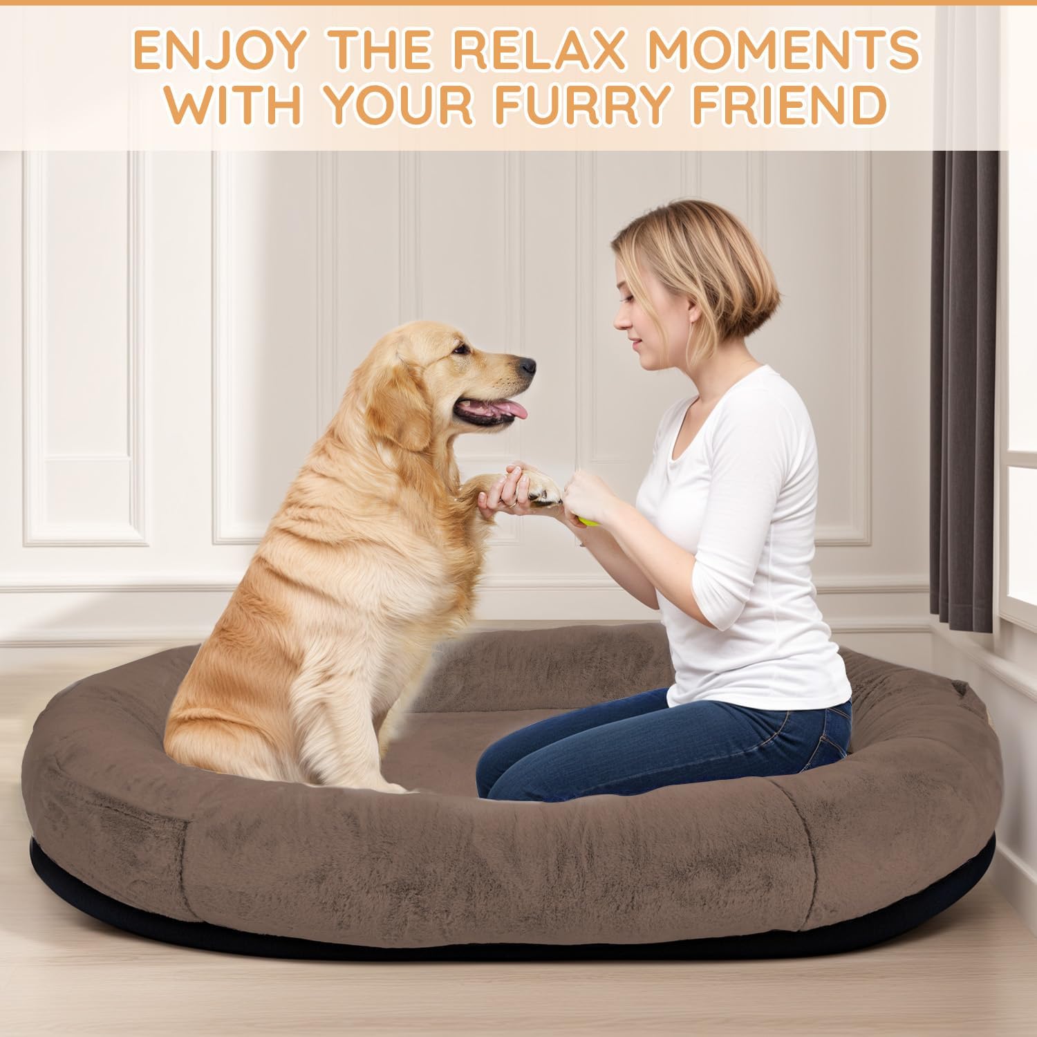 Human Dog Bed,71"x45"x14" Human Sized for Adult People Fits Pets, Washable Faux Fur Orthopedic Dog Bean Bed with Storage Pocket, Brown