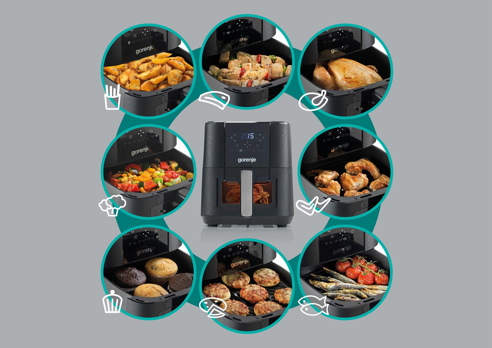 Gorenje AF1350DWB Heißluftfritteuse / 1.350 Watt/Korb 5,4 Liter mit Sichtfenst / 8 Automatik Programme/Antihaft-Beschichtung/LED Anzeige/B x H x T: 28 × 35,3 × 32,1 cm/Schwarz