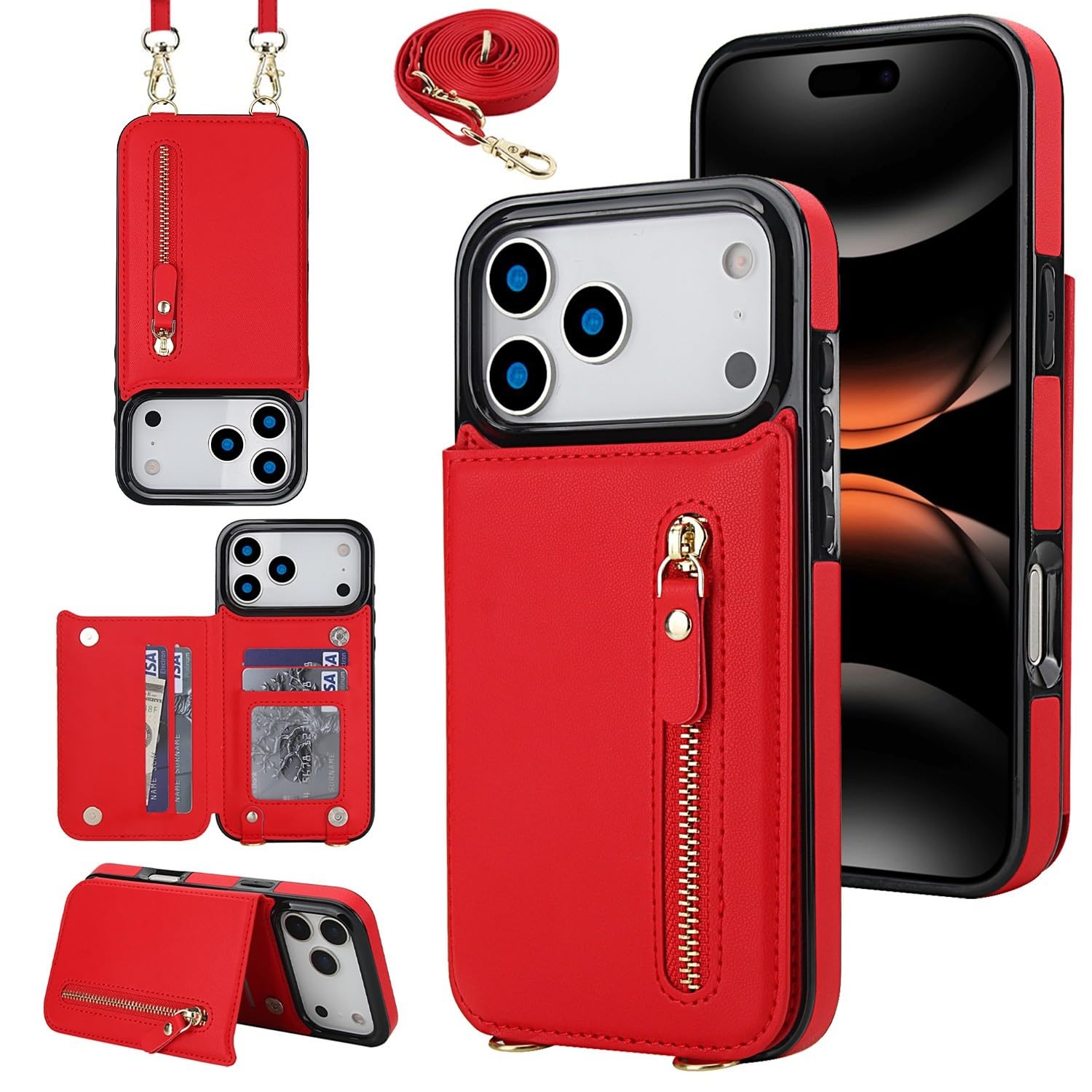 Étui iPhone 17 rouge protégeant l'écran avec fermeture éclair pour ranger vos cartes - 7