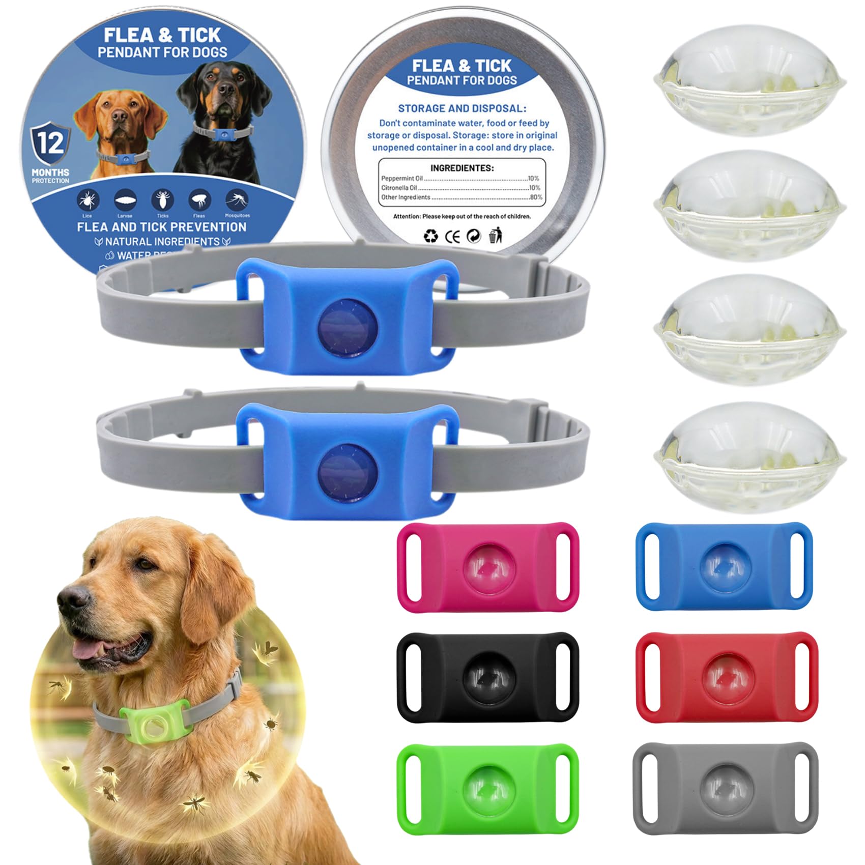 Qilova Collier Anti Parasitaire Chien - Pendentif Répulsif Naturel Huiles Essentielles - Médaillon Réglable Contre Puces et Tiques pour Chien et Chat - Protection Durable (Bleu, 2PCS)