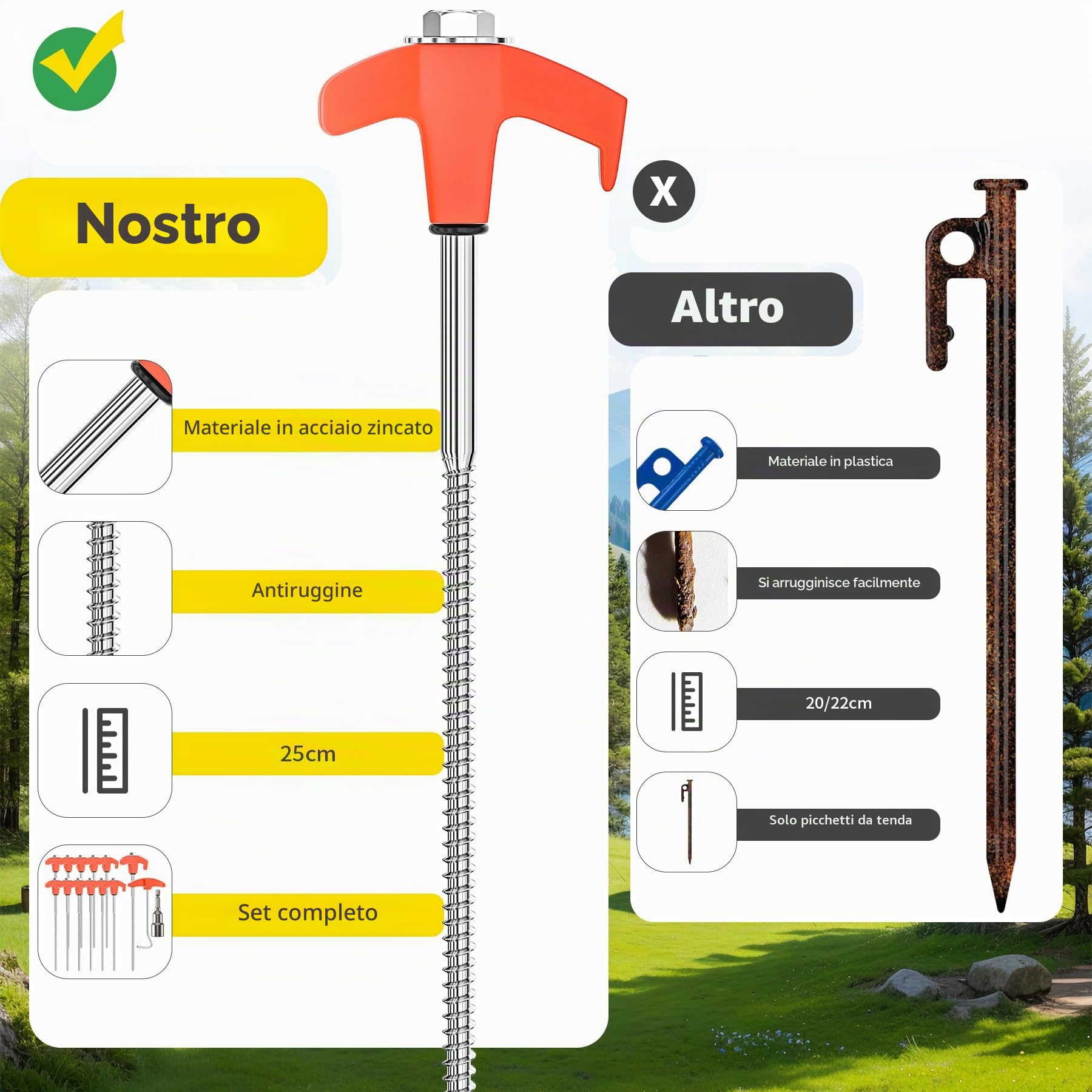 24 pz Tenda Pegs Trapano da Campeggio Heavy Duty Steel Camping Spikes Anti-Rust Tenda Pegs 25CM Camping Stakes con Hex Drill Bit & T Pull Hook, Garden Staples per Trampolino, Arancione