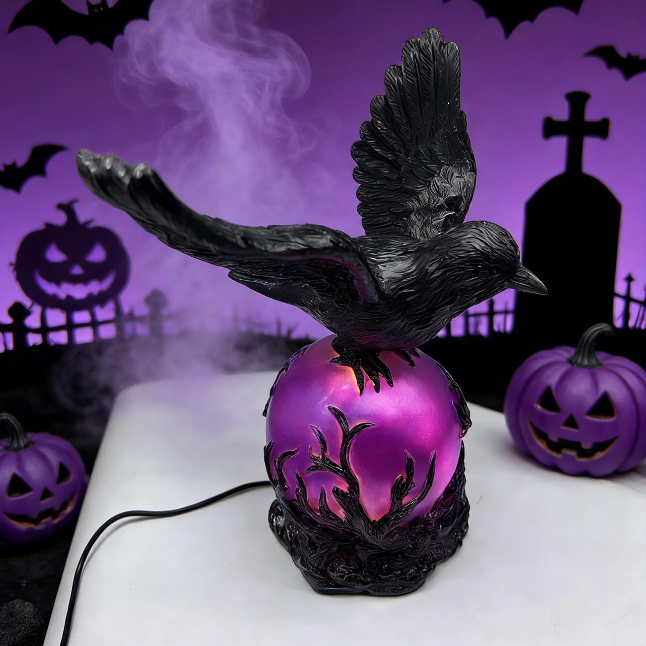 Gothic Decor Raven Lamp, Resin Crow Figurine Night Light with Switch, Desktop & Vase Ornament for Bedroom, Ideal for Gothic & Witch Decor Lovers (Purple)