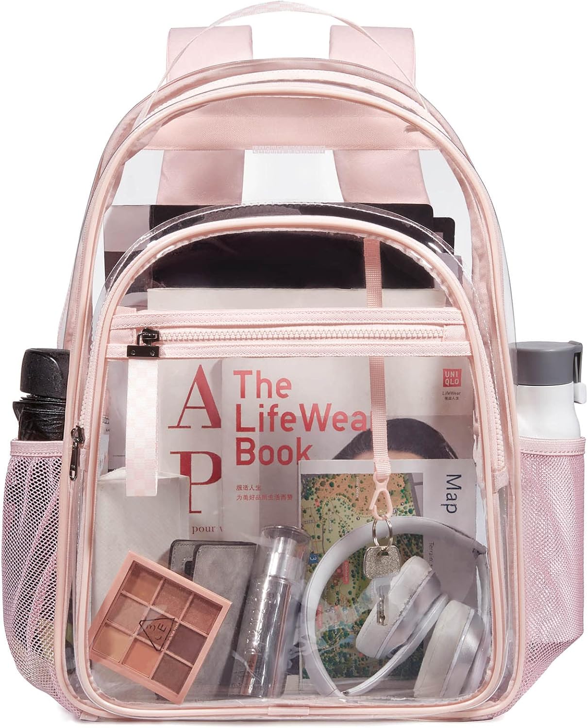 LIGHT FLIGHT Large Clear Backpack with Reinforced Padded Straps Heavy Duty PVC Transparent Backpack See Through Bookbags for Work, Travel, Pink