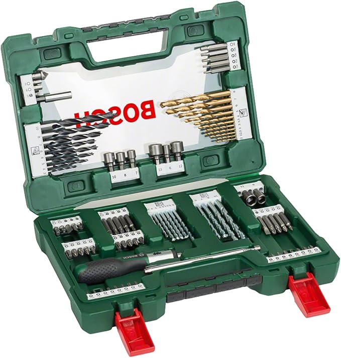 Bosch Accessories 91 pièces Jeu de forets et d'embouts en titane V-Line (pour le bois, la pierre et le métal, y compris tournevis à cliquet et tige magnétique, accessoires outils de perçage)