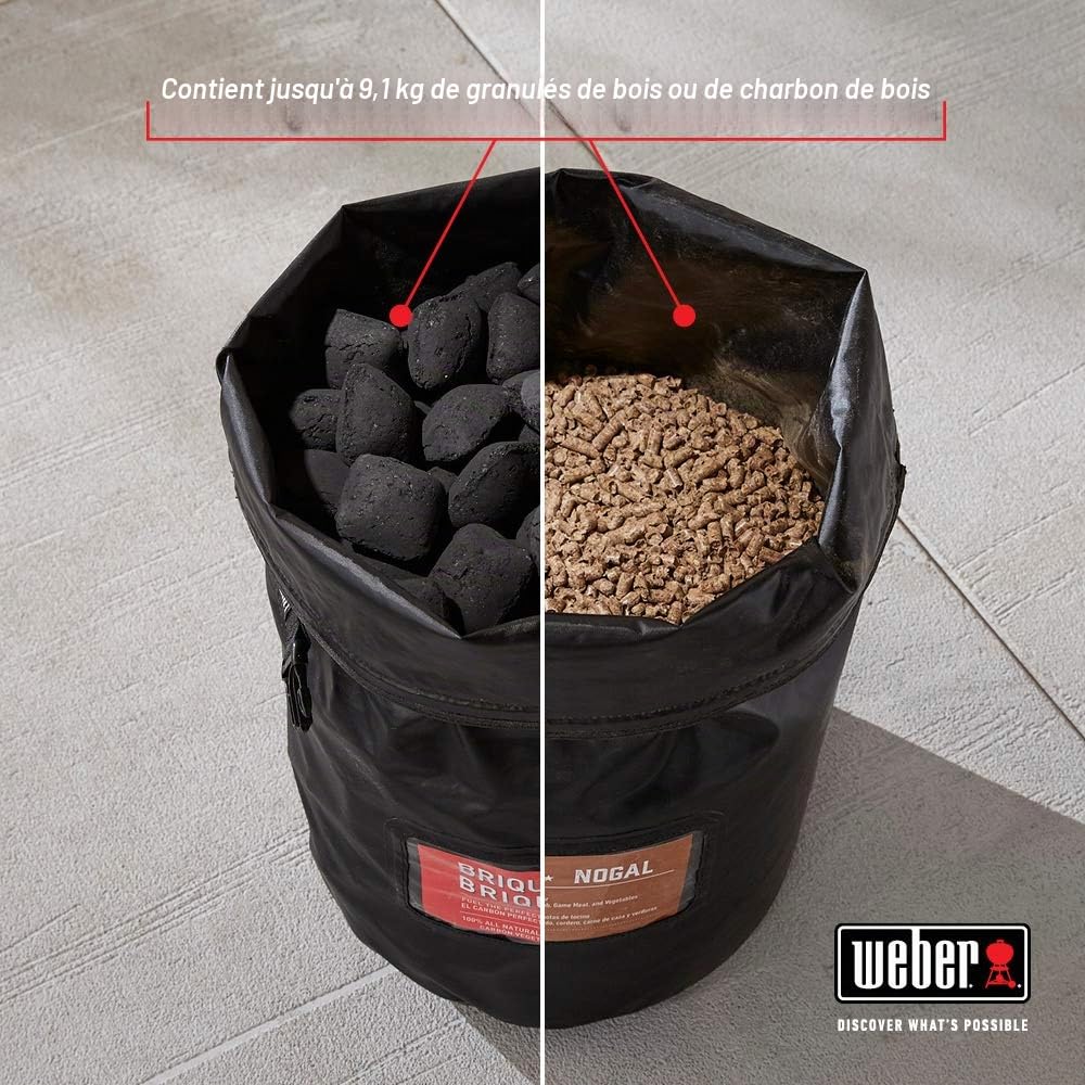 Weber Sac de Rangement pour Combustible avec poignée, Rangement Premium pour briquettes et pellets, pouvant contenir jusqu'à 9kg de Charbon, pellets ou Bois, résistant aux intempéries - Noir (7007)