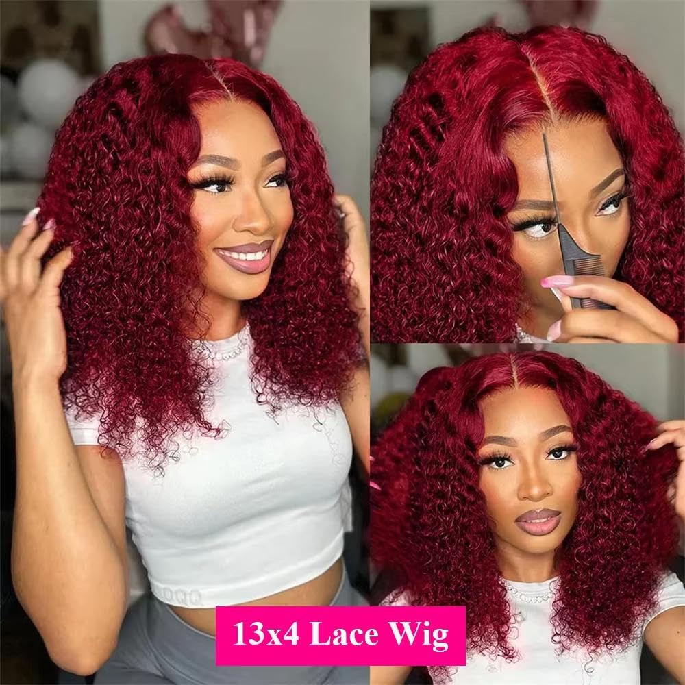 Haarpflege Burgunderrote Kurze Wasserwellen-Bob-Perücke 100% Echthaar 13 X 4 Lace-Frontal-Perücken 220% Dichte(220 Density,12inches)