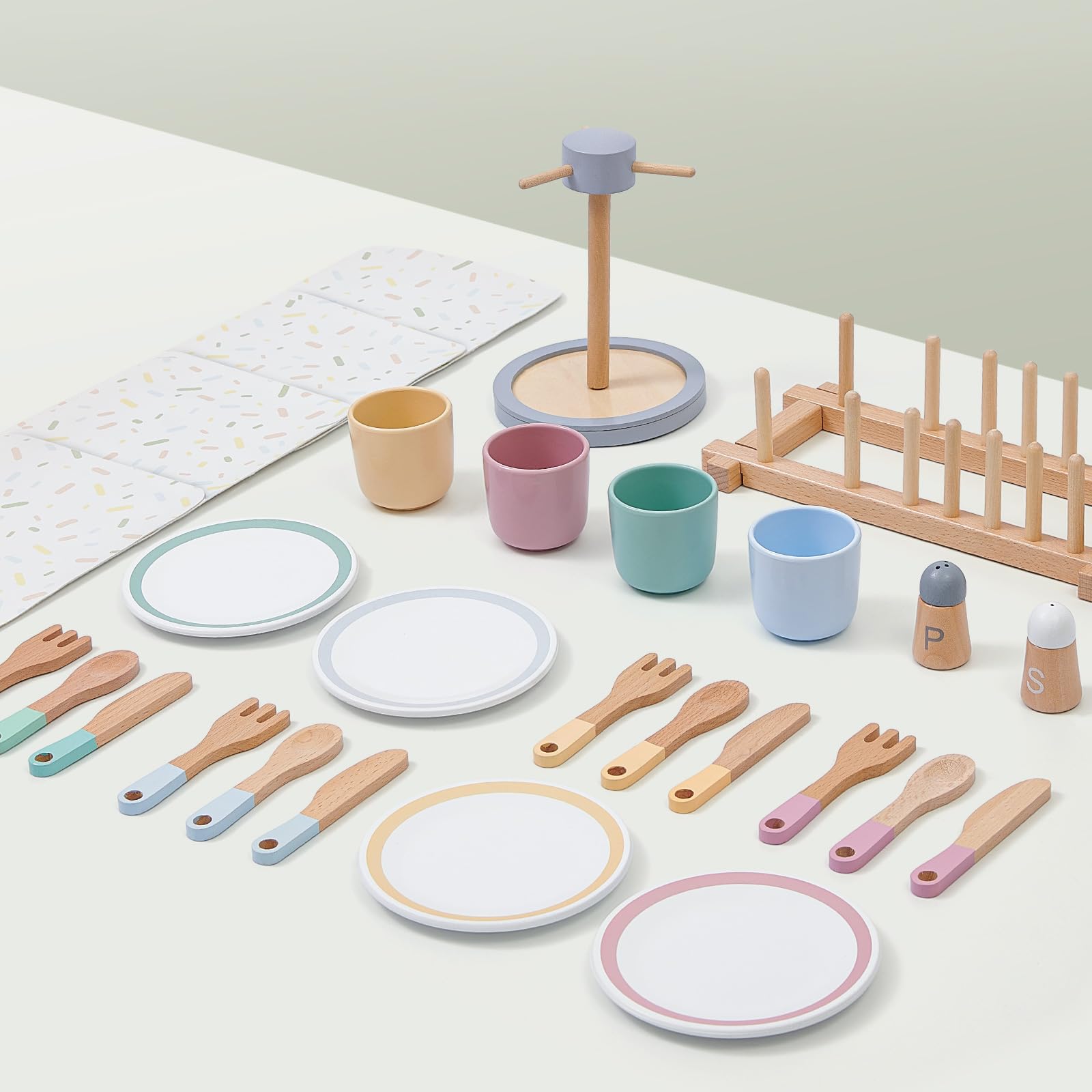 Atoylink Kinderküche Zubehör Holz, 33 Pcs Geschirrset mit Tassen Teller, Spielküche Zubehör Geschirr Teeservice Kinder Küchenzubehör Spielzeug Rollenspiel Geschenk für Mädchen Jungen 3 4 5 6 7 8 Jahre