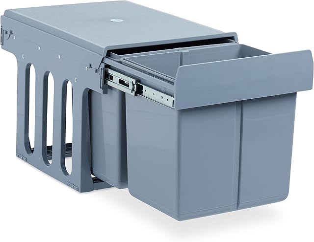 Relaxdays Built-In Kitchen Bin, Pull Out, 15 L, Plastic Waste Separation System, HWD 35 x 34 x 48 cm, Grey