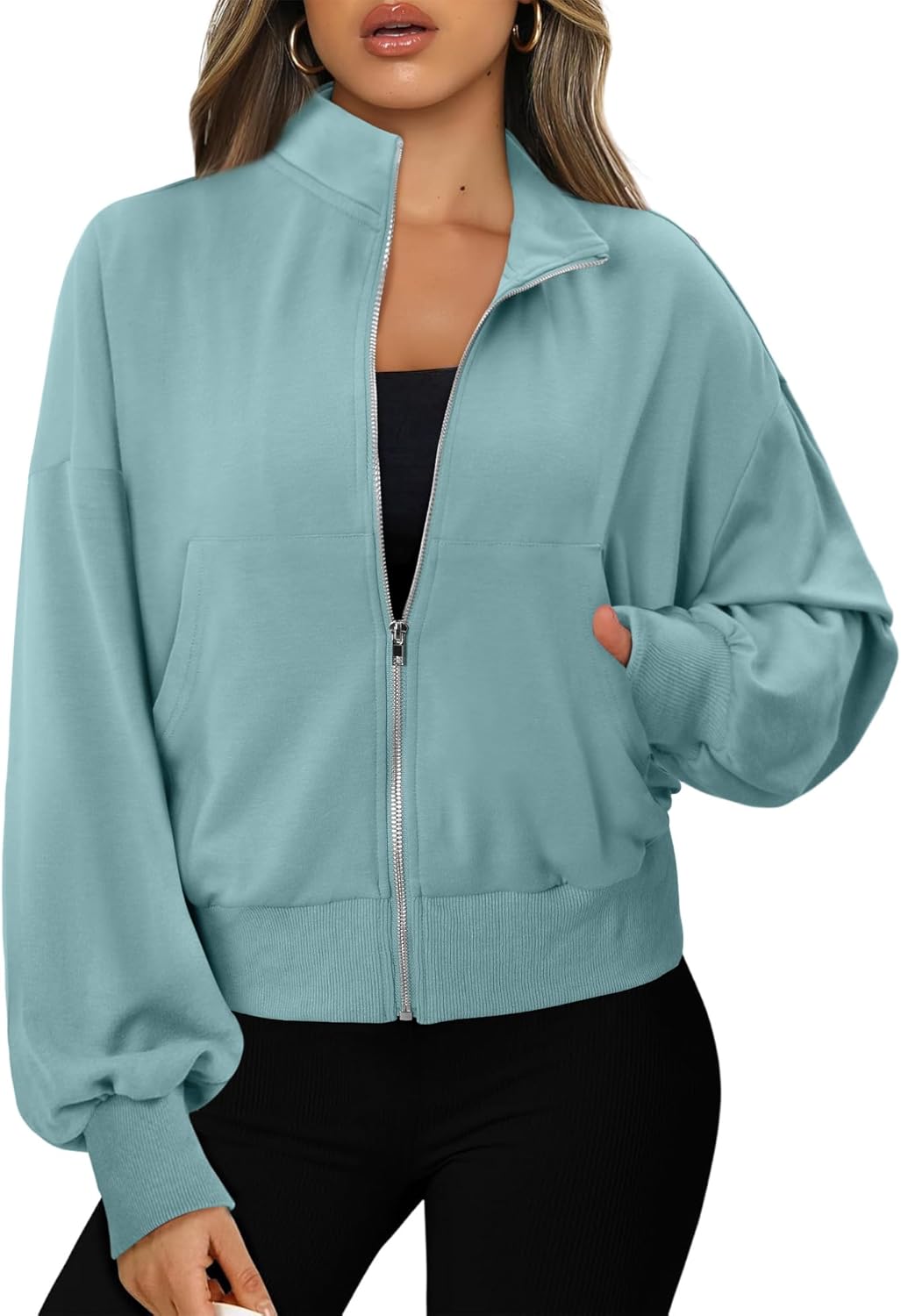 CRAZY GRID Womens Fashion Full Zip Up Jacket Comfy Long Sleeve Cropped Gym Top Solid Color Outfits with Pockets - Image 2