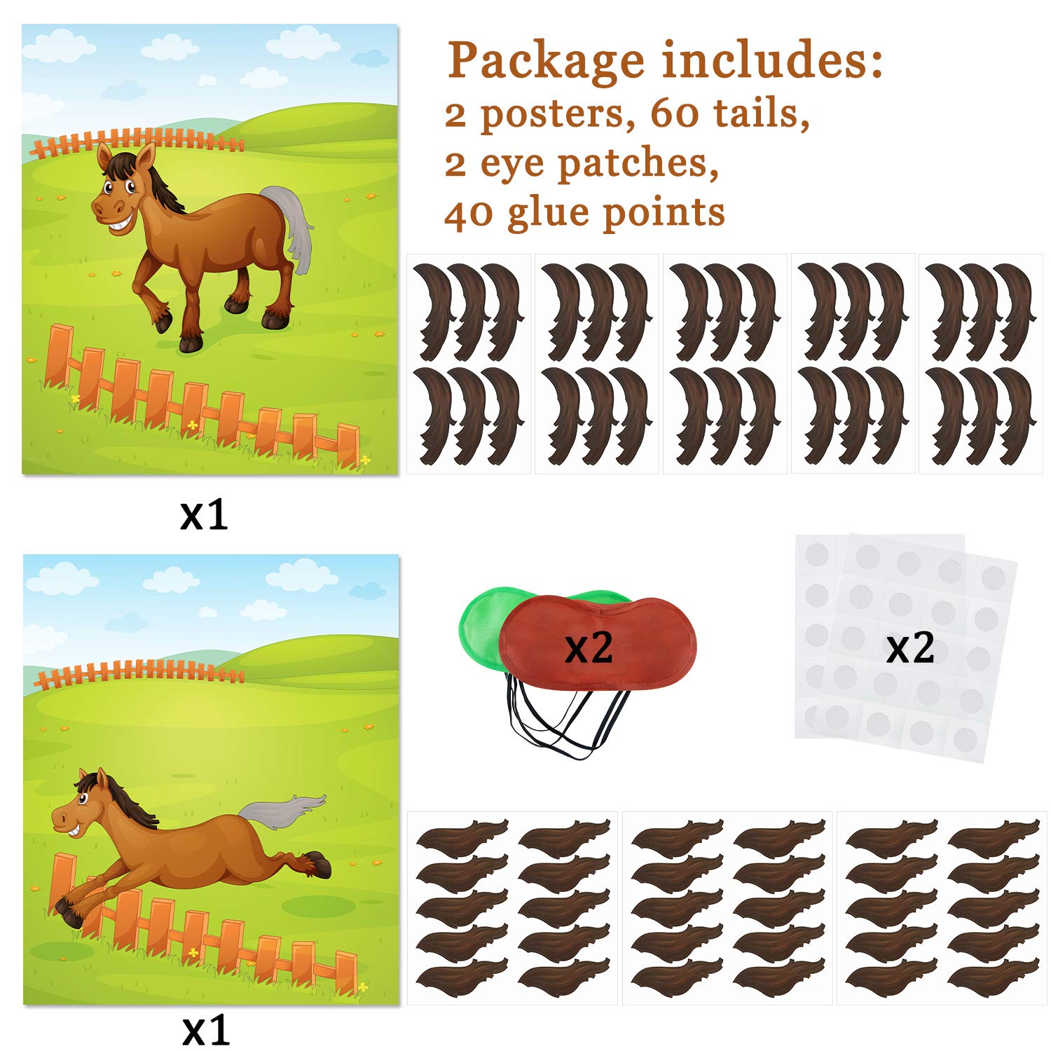 64 Pieces Pin the Tail on the Horse Game Set, Include 2 Pieces Large Horse Poster, 60 Pieces