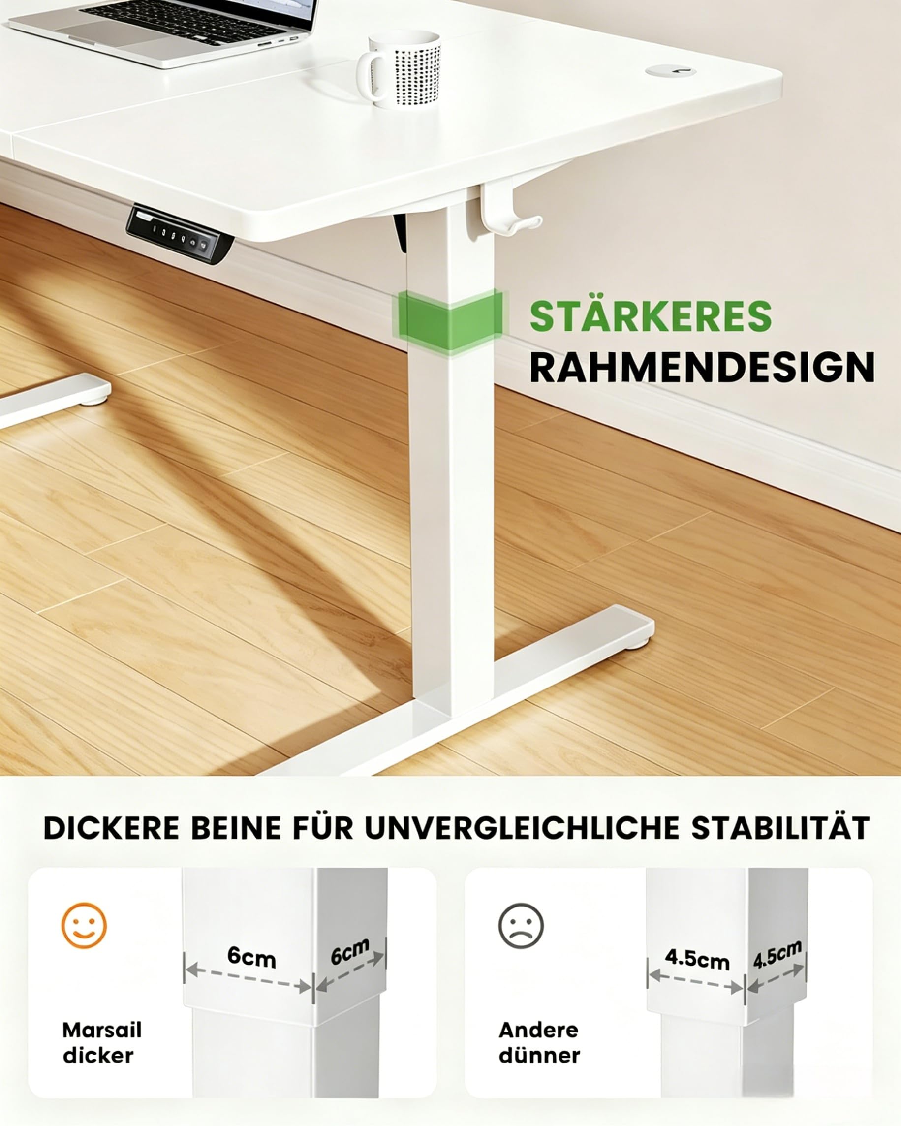 Marsail Elektrisch Höhenverstellbarer Schreibtisch 180x80, Max 100 kg, Robuster Metallrahmen, Vierteilige Tischplatte, Bürstenloser Motor, Leise Funktion, Höhenverstellbarer Tisch für Home Office