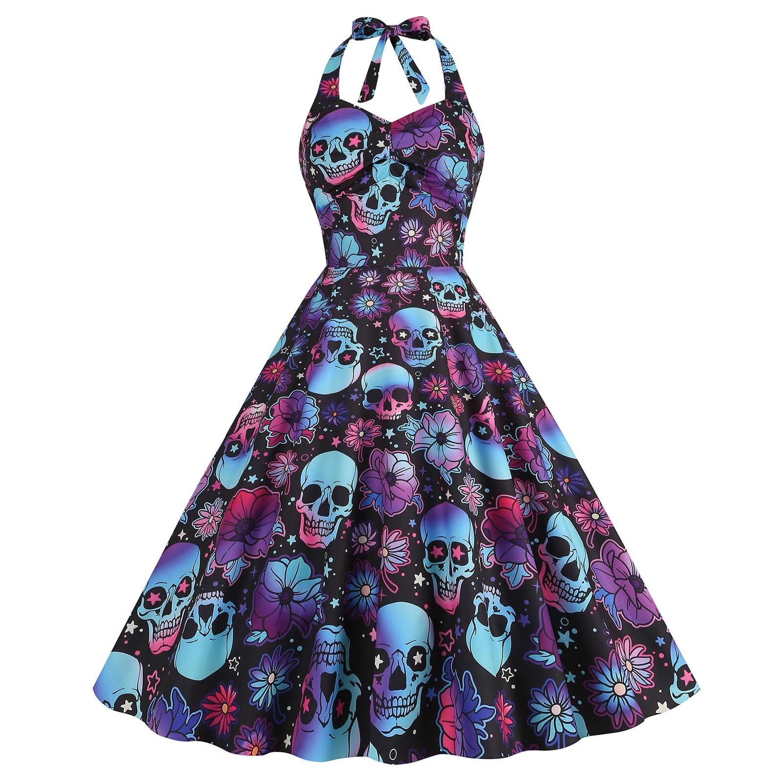 Halterneck Dress Women's 50s Vintage Cocktail Dress Rockabilly Dress Long Sleeve V Neck Ball Dress Gothic Skull Rose Print Party Dress Swing Cocktail Dress Tunic Dress with Belt, O purple, XXL