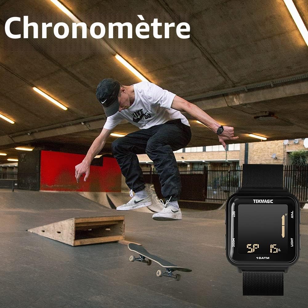 Montre Bracelet Homme Etanche 10 Atmosphérique pour Plongée et Piscine avec Bracelet en Acier Inoxydable, Chronomètre, Minuteur, Réveil, Double Fuseau Horaire, Calendrier, Format 12 ou 24 Heures