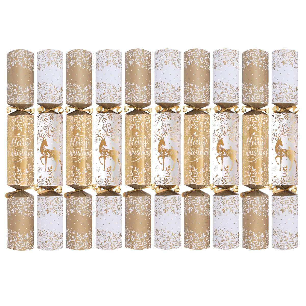 Yöl Gold Reindeer Pack Of 10 Gold Foil Reindeer Merry Luxury Christmas Crackers - 14" Metallic Design Adults Xmas Holiday Dinner Table Decorations - Novelty Plastic Contains Hats Jokes